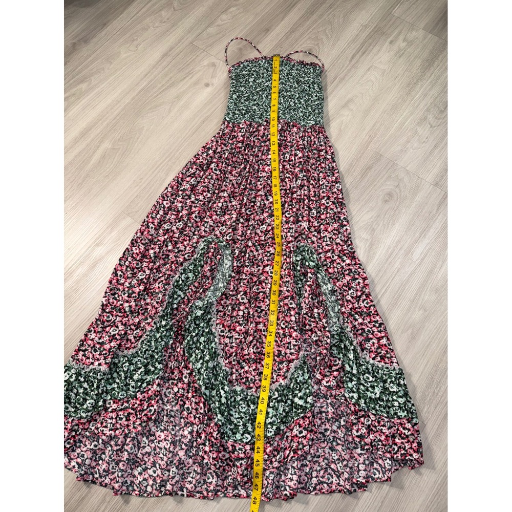 Free People Smocked Floral Maxi Dress Pink Green Boho Ruffle Tiered Medium - Picture 4 of 12